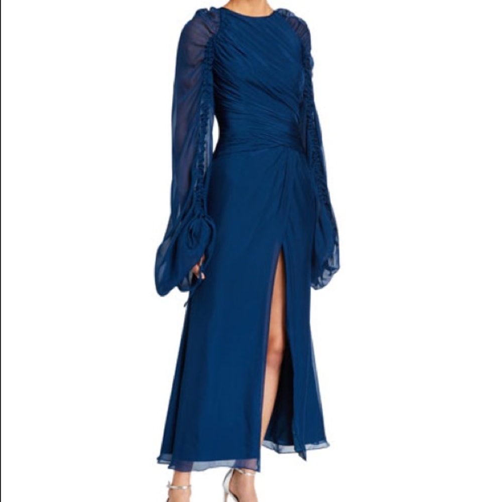 Flor Et. al Monclova Navy Blue Front Slit Midi Gown with Ruched Sleeves